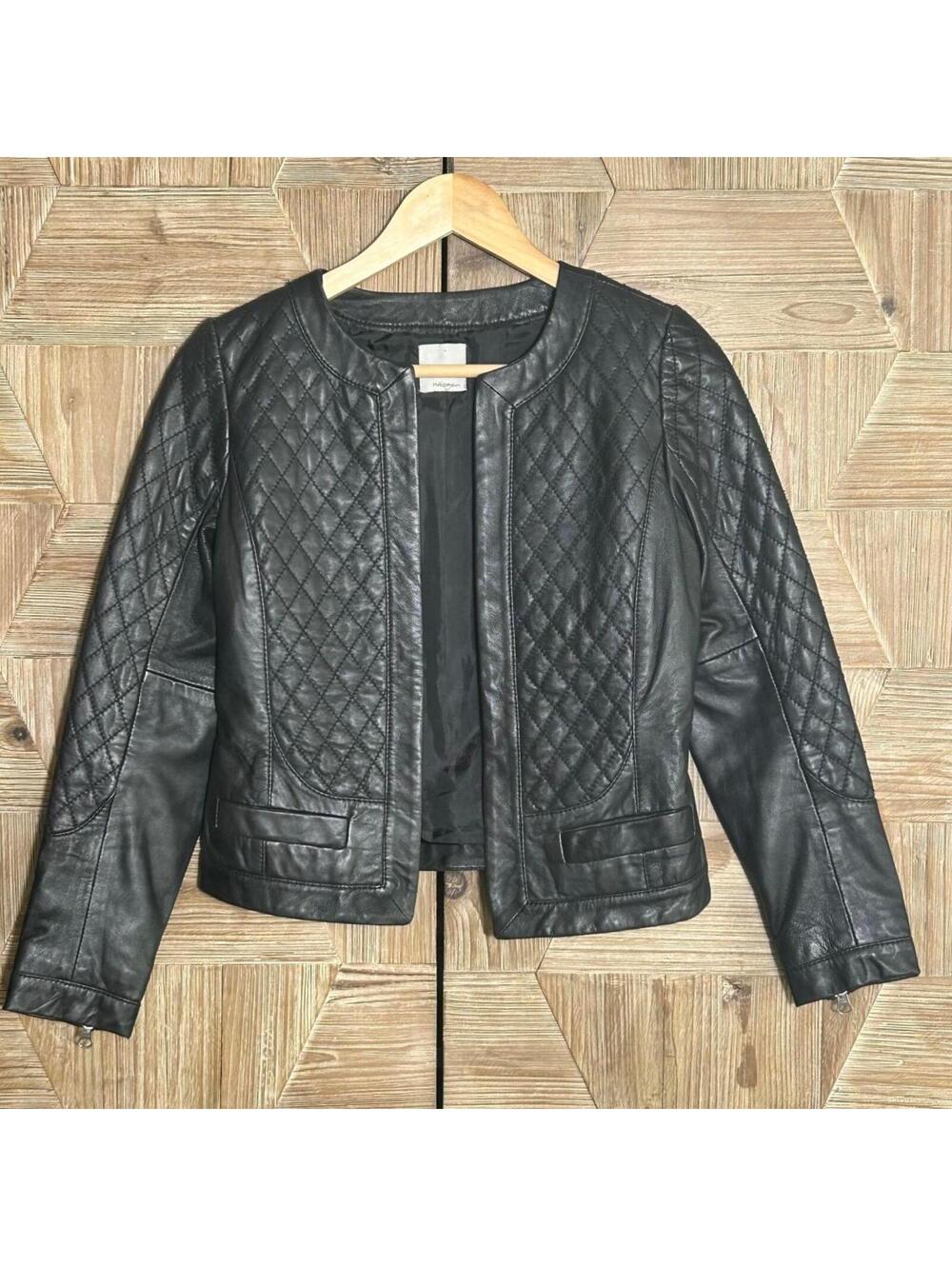 Halogen Black Quilted Genuine Leather Collarless Moto Jacket Small Minimalist